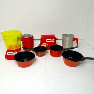 Vintage Children Tin Pots and Pans Cookware & Betty Crocker appliance Lot of 9
